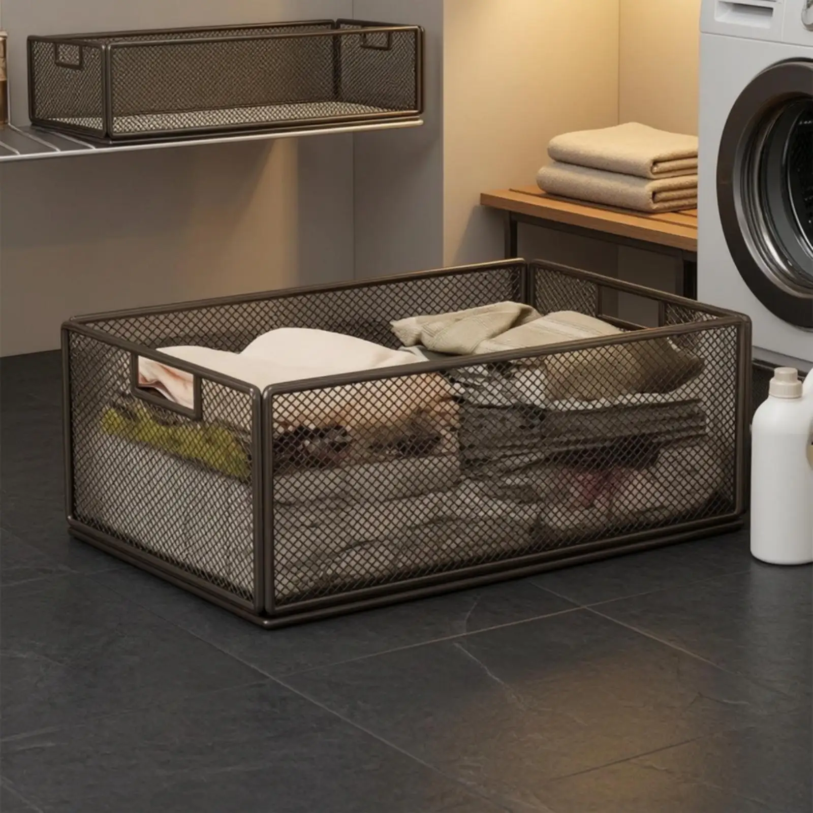 Iron Laundry Basket Cart Sliding Low Profile with Four Caster Wheels for Under Counter Household Use