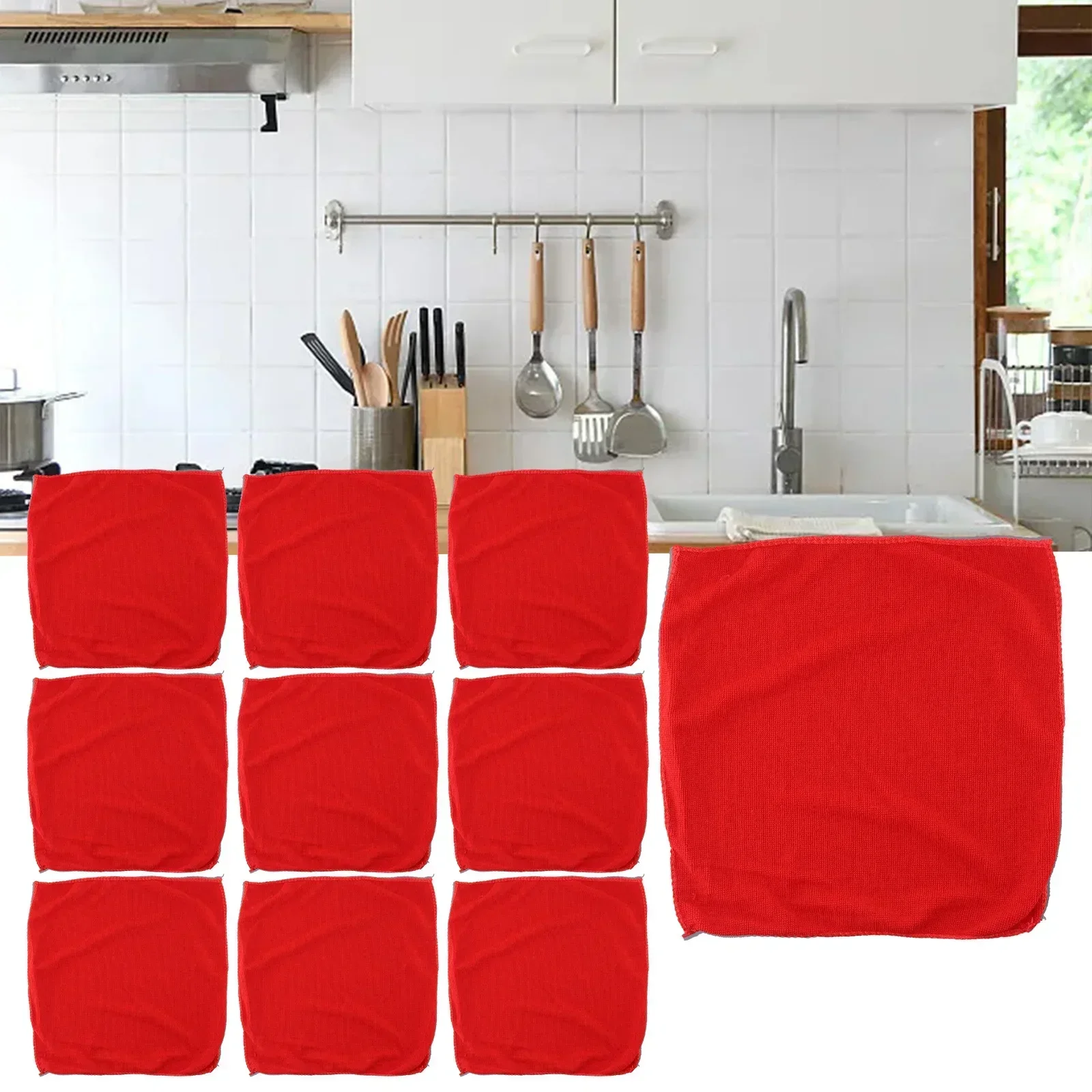 Multi Function 10pcs Red Towels Set Microfiber 30x30cm Bathroom Cleaning Cloth Household Textile Supplies Table Window