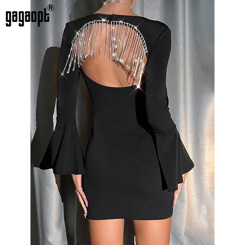 Gagaopt Rhinestone Chain Tassel Design Flare Long Sleeve Dress Elegant Women Mini Sexy Backless Hollow Slim Party Dresses