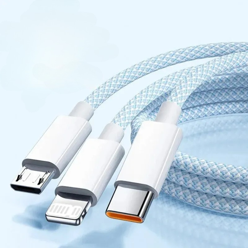 3 In 1 USB Charging Cable 6A Fast Charge Cord Type C Micro USB To Lightning For iOS Android Phone 1.2M 2M 3M Data Sync 