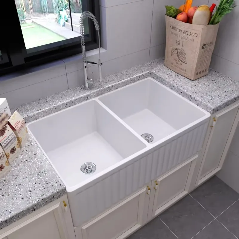 

Nordic White Porcelain Deep Double Bowl Wash Basin Rectangular Farmhouse Ceramic Kitchen Sink Basin