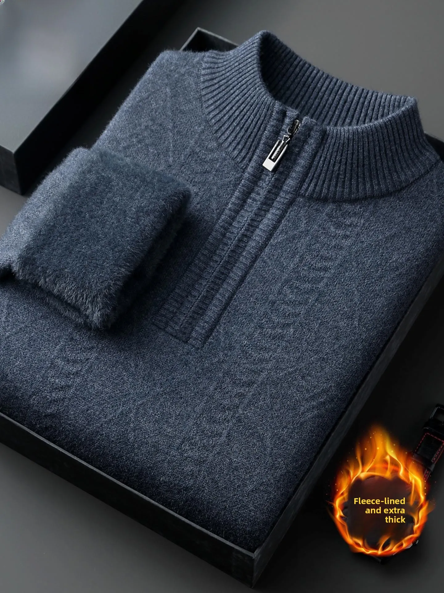 

Thiened Fce зимний шерстяной свитер для мужчин среднего возраста, повседневный вязаный свитер на молнии с высокой застежкой-молнией, теплый дышащий
