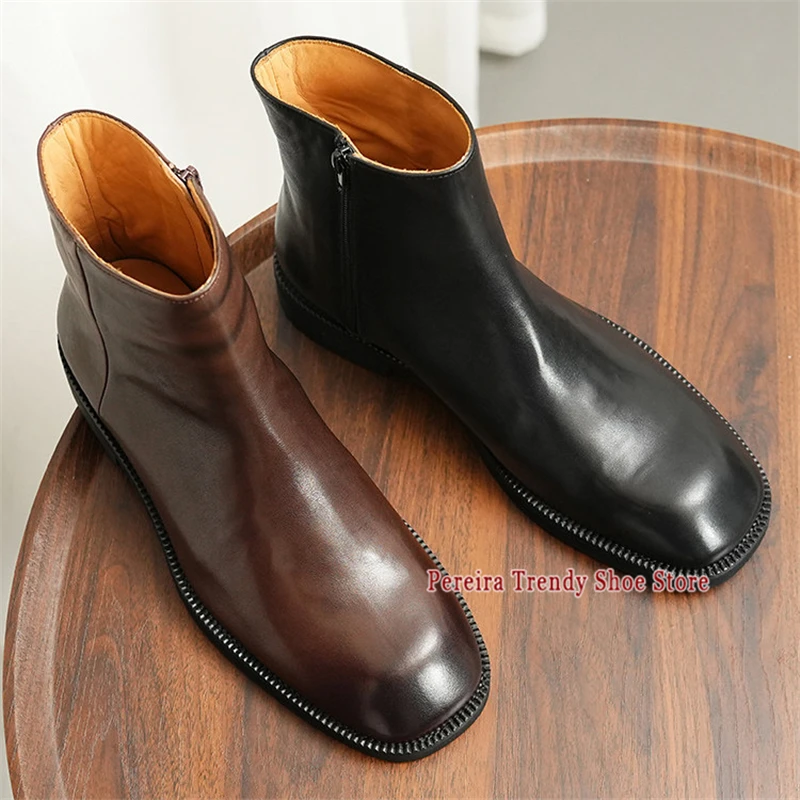Autumn Winter Men's Cowhide Short Boots British Style Retro Square Toe Zipper Chelsea Boots Trend Genuine Leather High Top Shoes