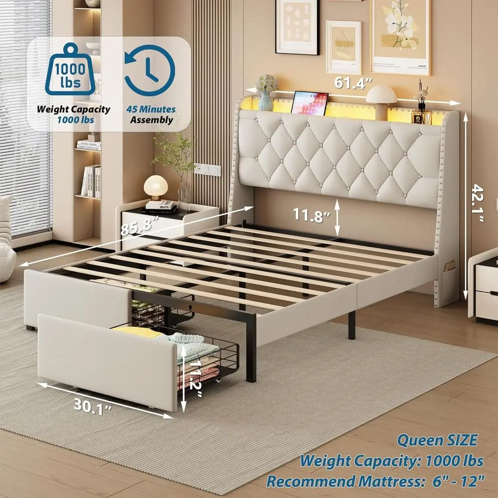 Queen Bed with Storage Drawers, LED Bed with Charging Station, Velvet Button Tufted Upholstered Headboard, Wood Slats Support No