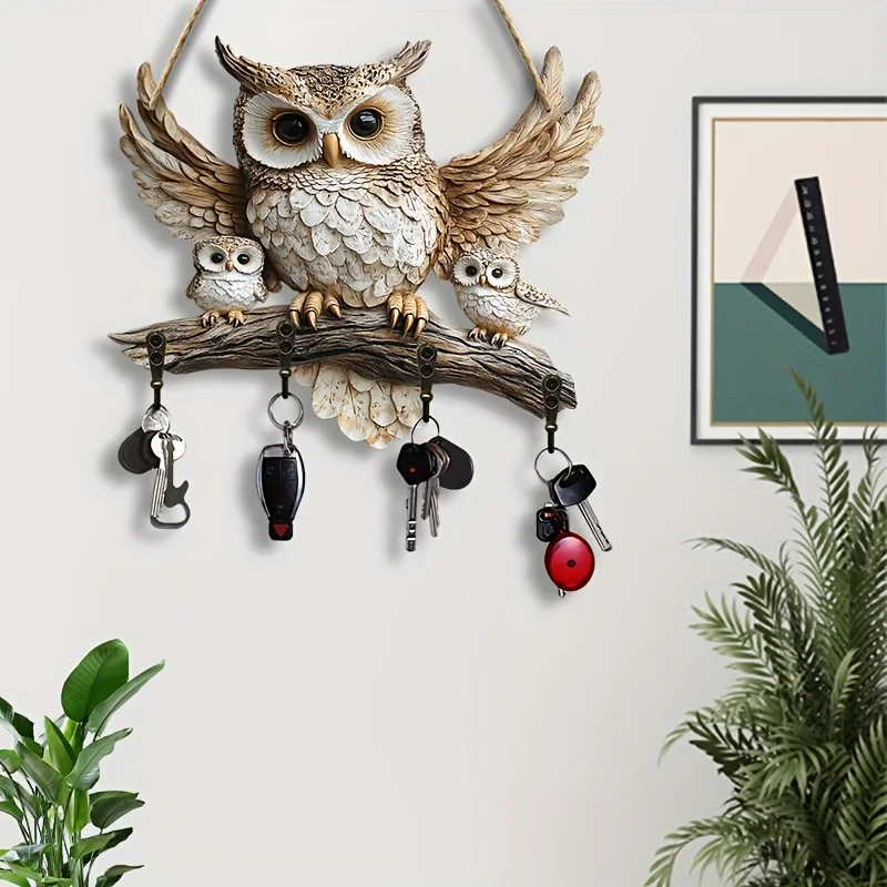 Practical Owl-Themed Wooden Key Holder 1 Piece 2D Flat Multi-Functional Wall Display Stand Creative Storage Porch Decor Gift view 2