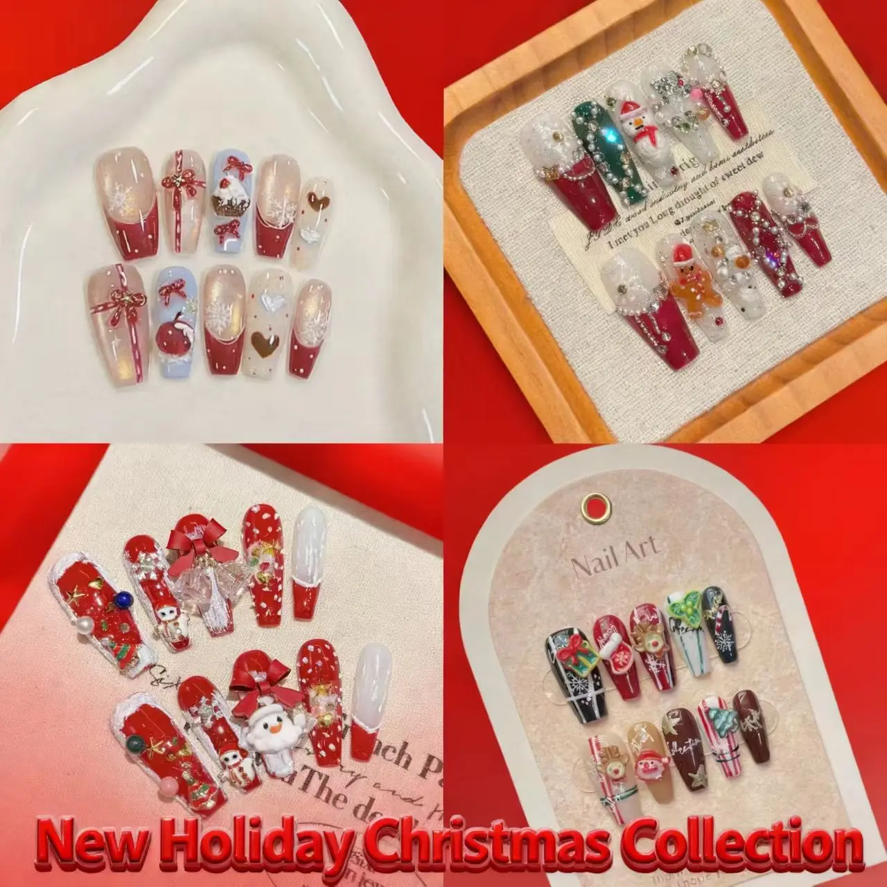 

10 шт., Рождественская коллекция, Рождество, тяжелая промышленность, чистый ручной дизайн ногтей, длинные готовые накладные ногти с 4 шт.