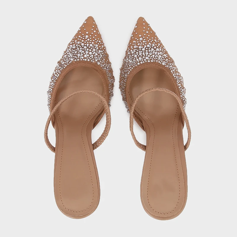 2025 Summer Women Pointed Toe High Heels Sandals Sexy Mesh Shiny Rhinestones Elegant Party Wedding Slingback Ladies Shoes