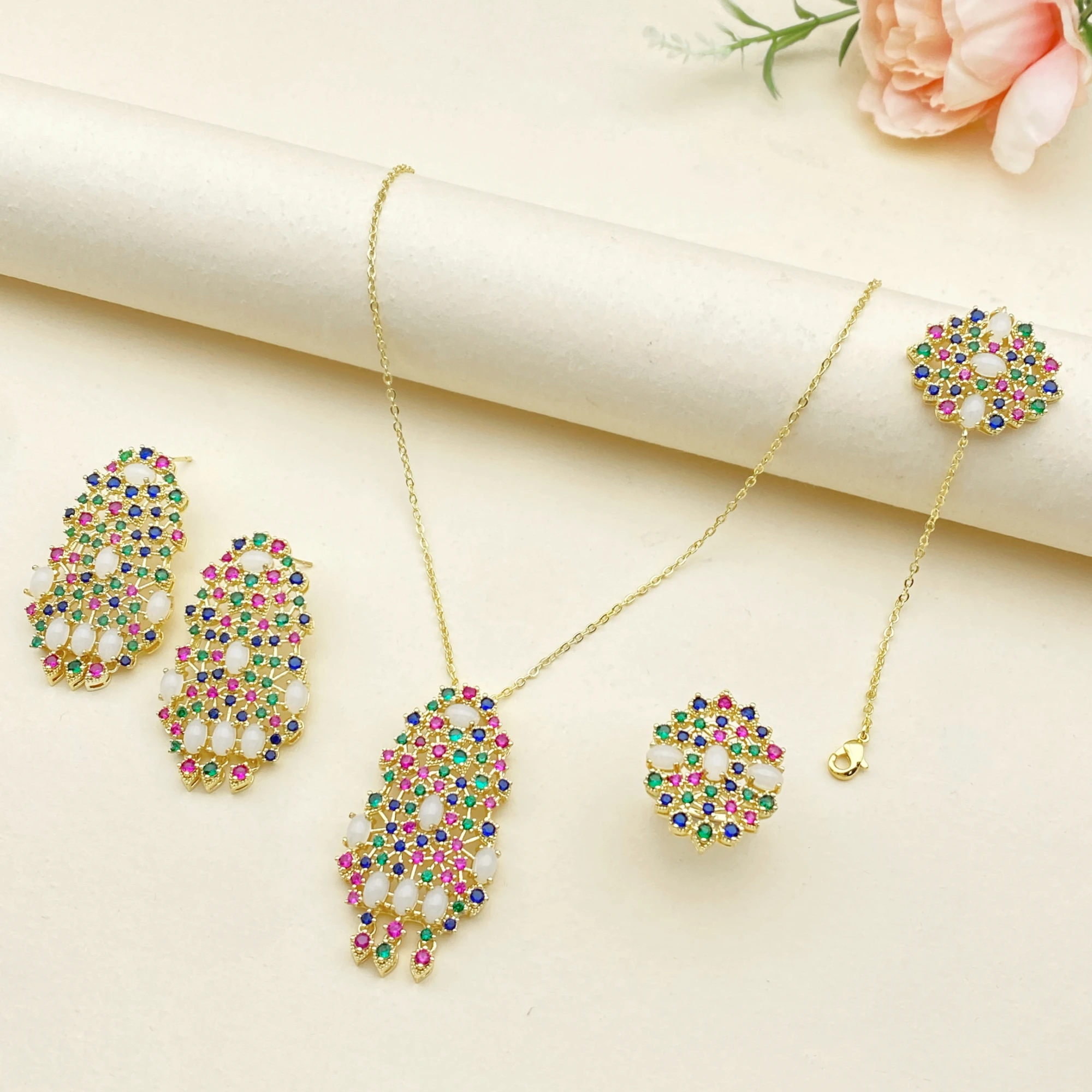 Flora Daily 4PCS Women's Jewelry Set Zircon Necklace Earrings Ring Bracelet Copper Gold Plated Versatile Simple Design