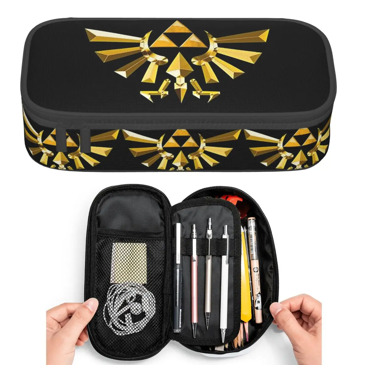 Estuches para lápices con símbolo Triforce dorado de Zelda, caja para lápices para estudiantes, bolsa para lápices de gran capacidad, soporte para bolígrafos
