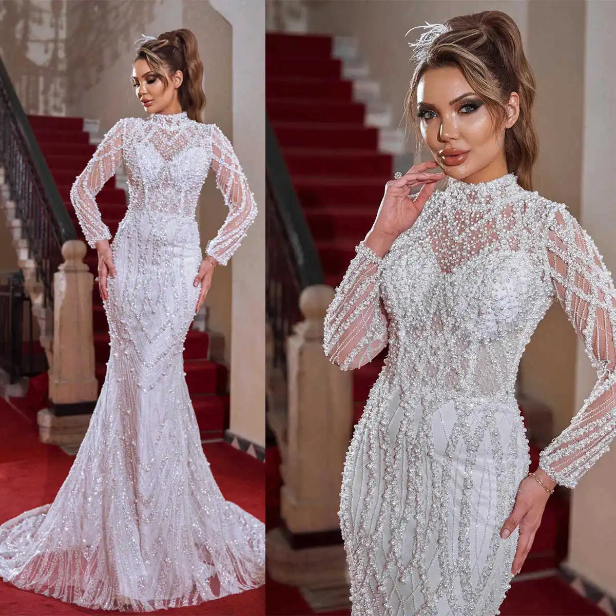 Luxury Mermaid Wedding Dresses For Women High Neck Long Sleeves Bridal Gown Pearls Sweep Train Dress Custom Made