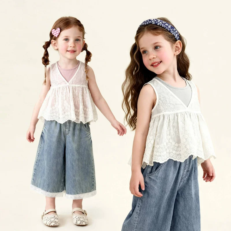 

Amira Children's Clothing2026Summer new girls' outfit: embroidered blouse, tank top, jeans, refreshing forest-style two-piece se