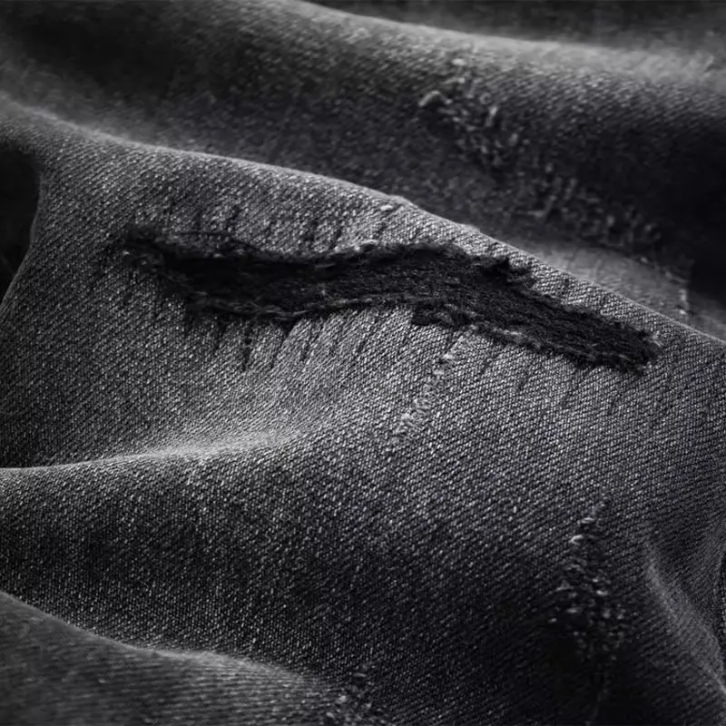 High Street Fashion Men Jeans Retro Black Gray Stretch Slim Fit Ripped Jeans Men Patched Designer Hip Hop Denim Pants Hombre