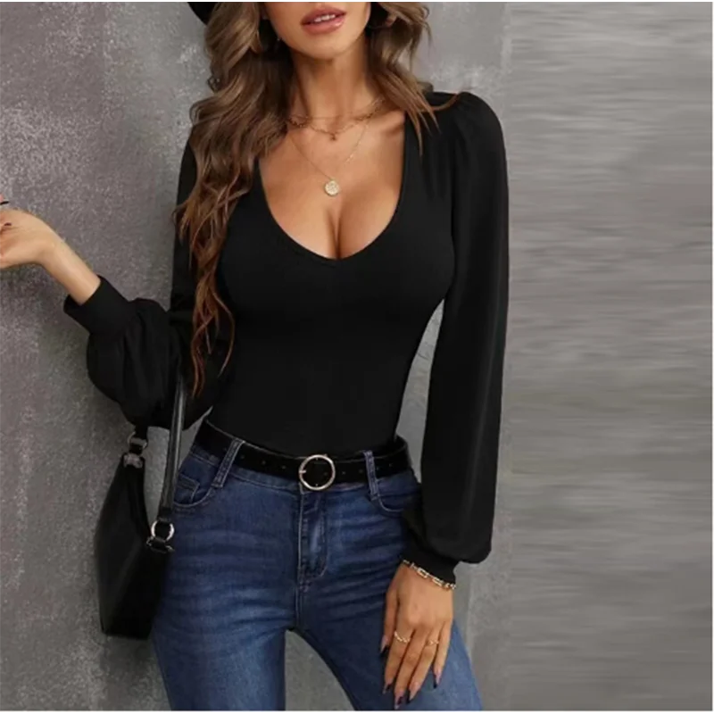 Nice Sexy U-Neck Long Sleeve Slim Fit Top Women Solid Color Lantern Sleeve T-Shirt Autumn Fashion Top