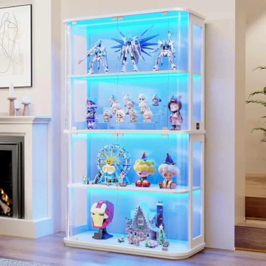Rounded display cabinet for retail use, tempered glass door with LED lights, white finish, energy-efficient illumination and mo