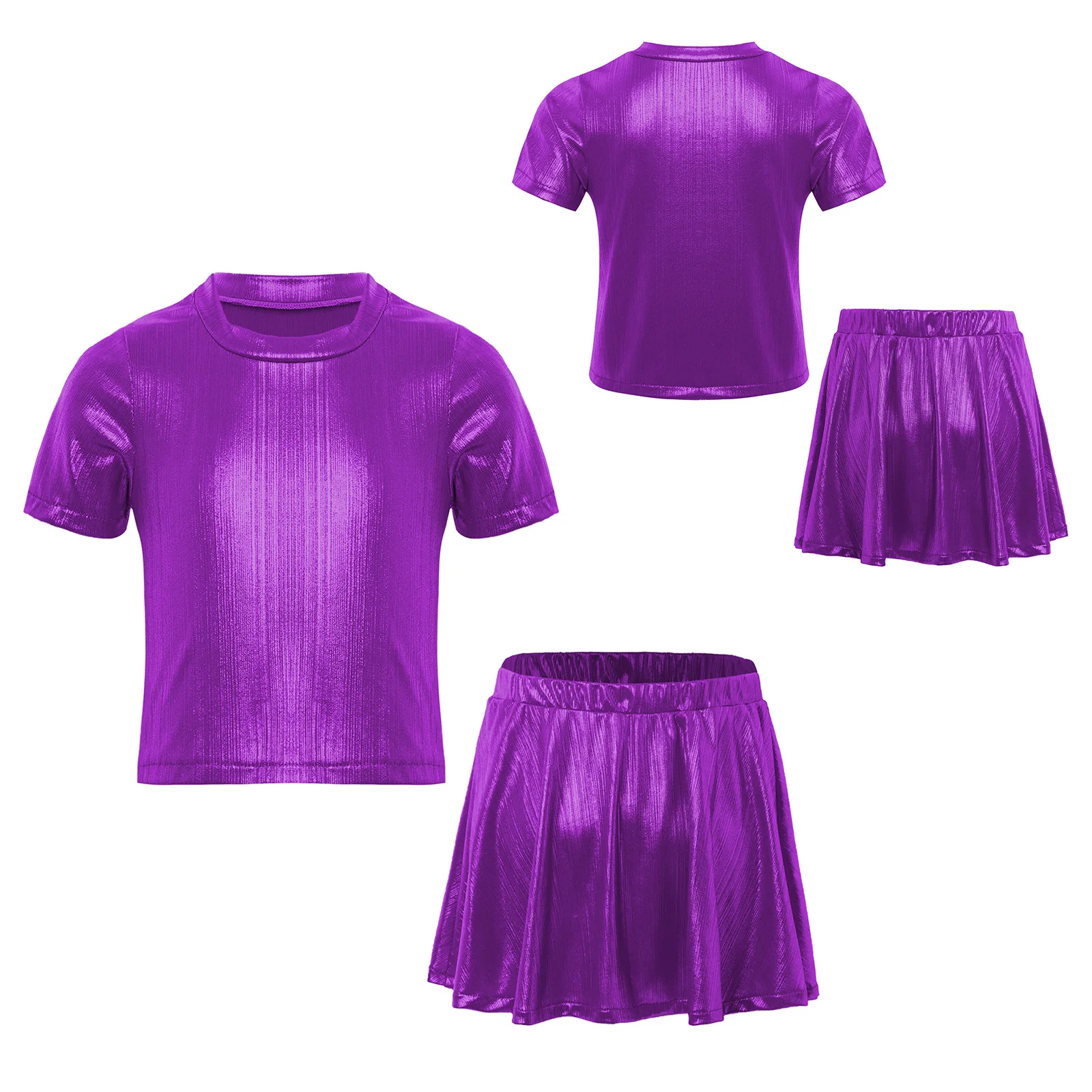 Kids Girls Jazz Dance Outfits Round Neck Short Sleeve Metallic Crop Top with Shimmery Ruffled Skirt for Hip-Hop Jazz Dance Show