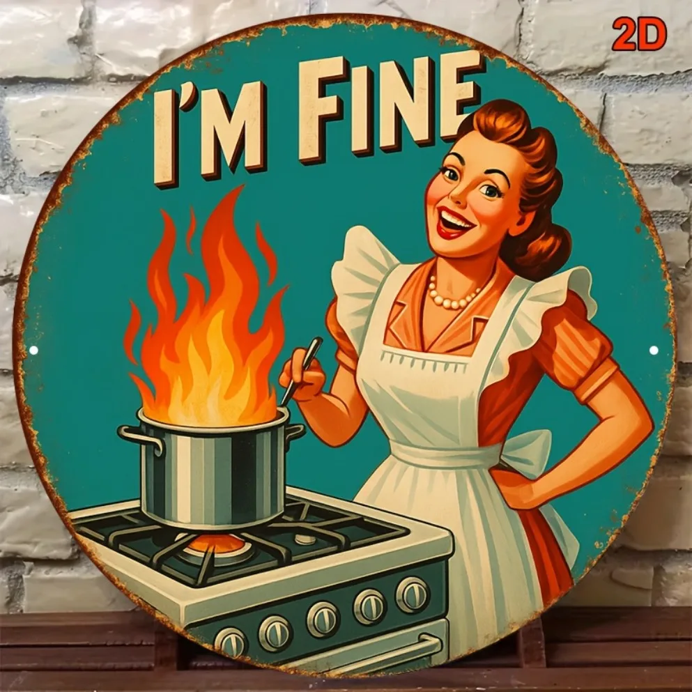 2D Vintage'I'M FINE'Kitchen Wall Decor–1950s Housewife Cooking Scene|Retro Fun Sign |Easy to Hang | For Home, Cafe & Restaurant
