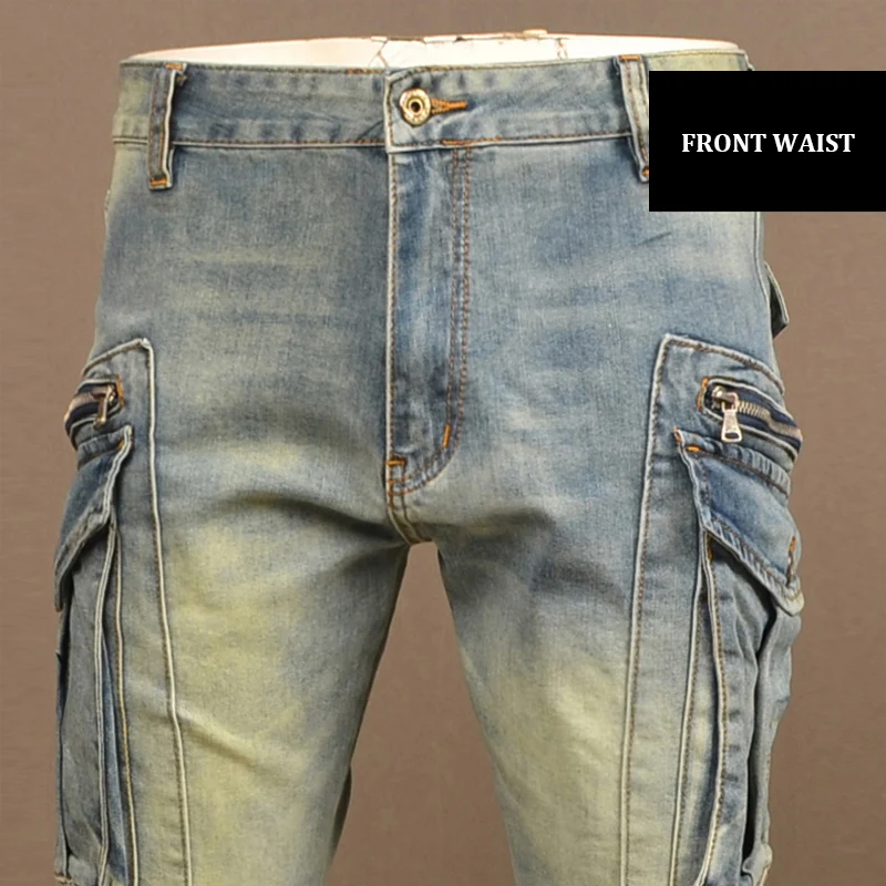 Pantalones vaqueros Retro lavados para hombre, Jeans elásticos ajustados de motorista empalmados, pantalones Cargo de mezclilla Hip Hop de diseñador de bolsillo, moda urbana, azul