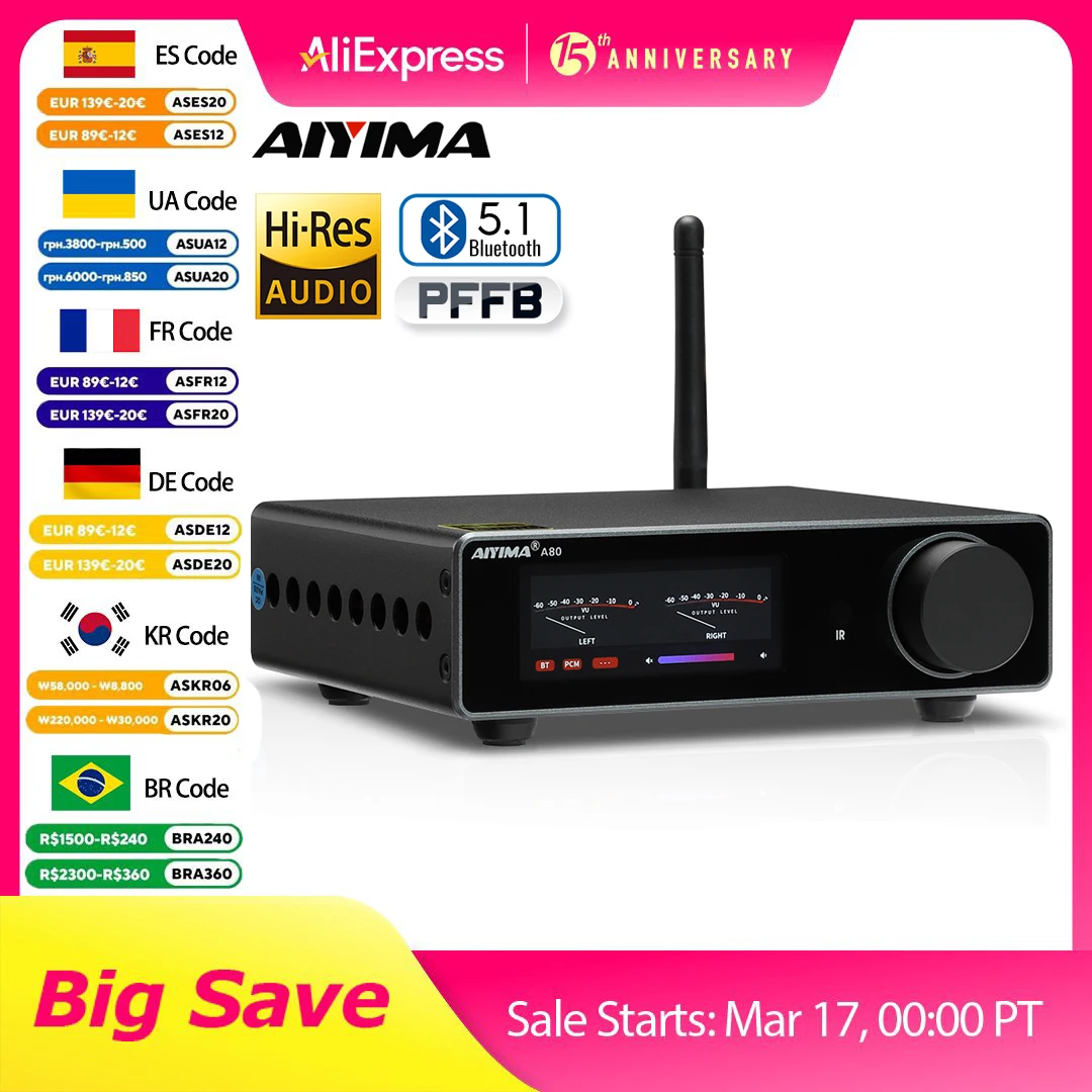 AIYIMA A80 Power Amplifier TPA3255 DAC Bluetooth PFFB Stereo 300Wx2 Class D 2.0 HiRes Digital Amp with RCA TRS OPT COA USB Input