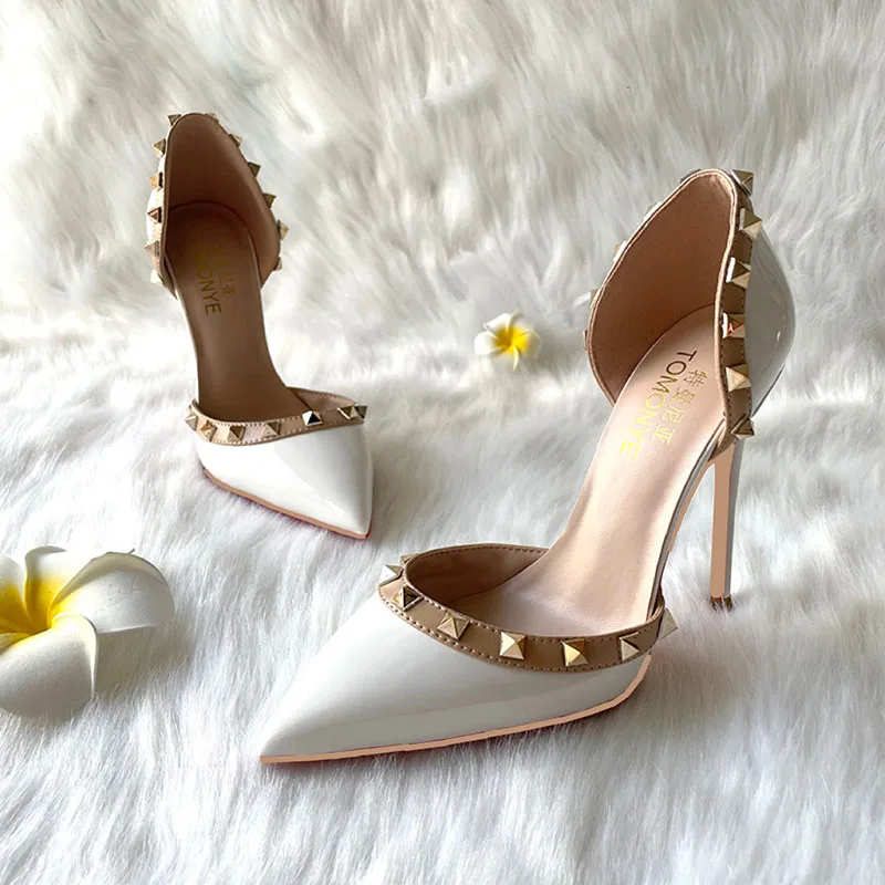 Free Shipping 2023 New Style White Patent Shiny Leather Spike Stud Elegant Woman Spring Heeled Shoes Pump Plus Big Small size46