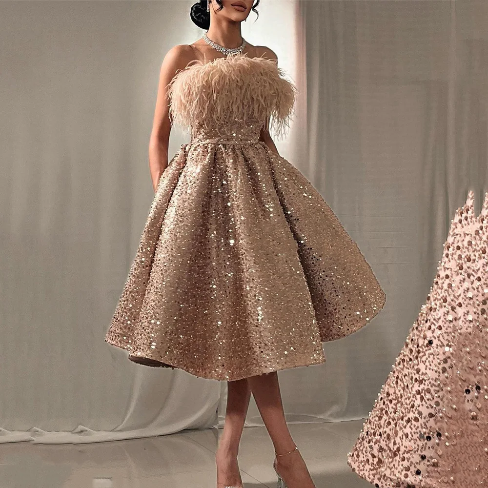 Customized Exquisite Sequins Party Dress Backless A-line Tea-Length Sexy Sleeveless Strapless Feathers Prom Dresses ف