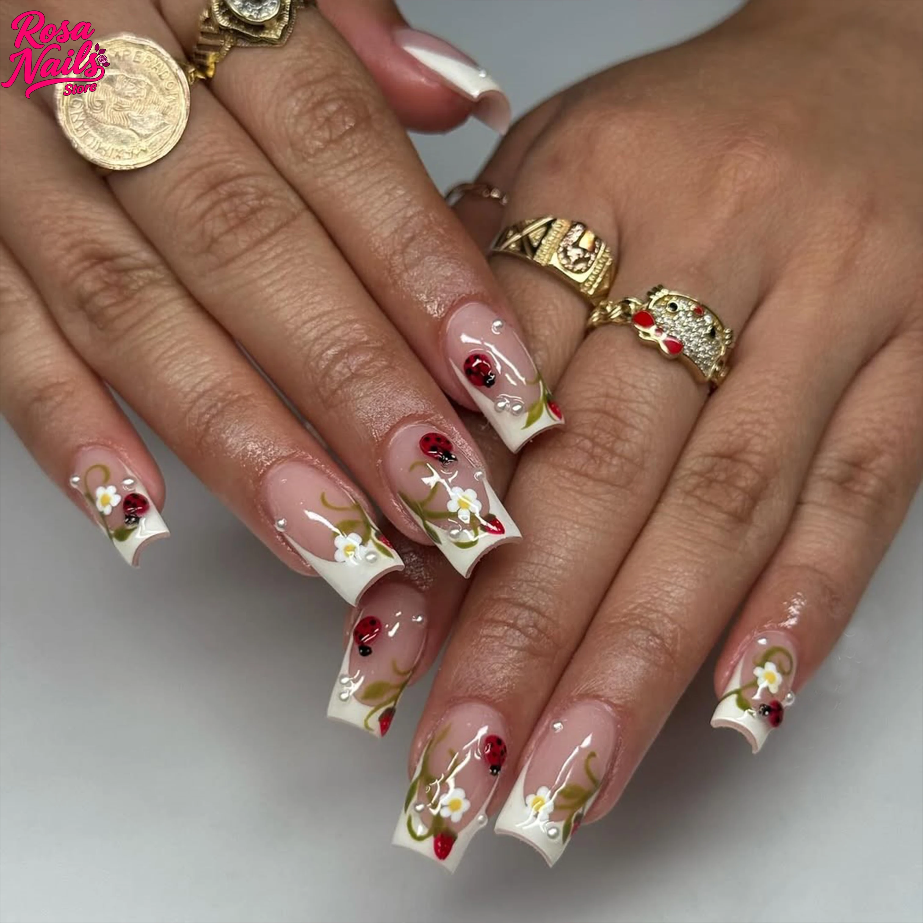 

Square Press on Nails False Nail Green Ladybug Bugs ladybugs Daisies 3D Flower Lady Bug Handmade Acrylic Nails French Tips Nail