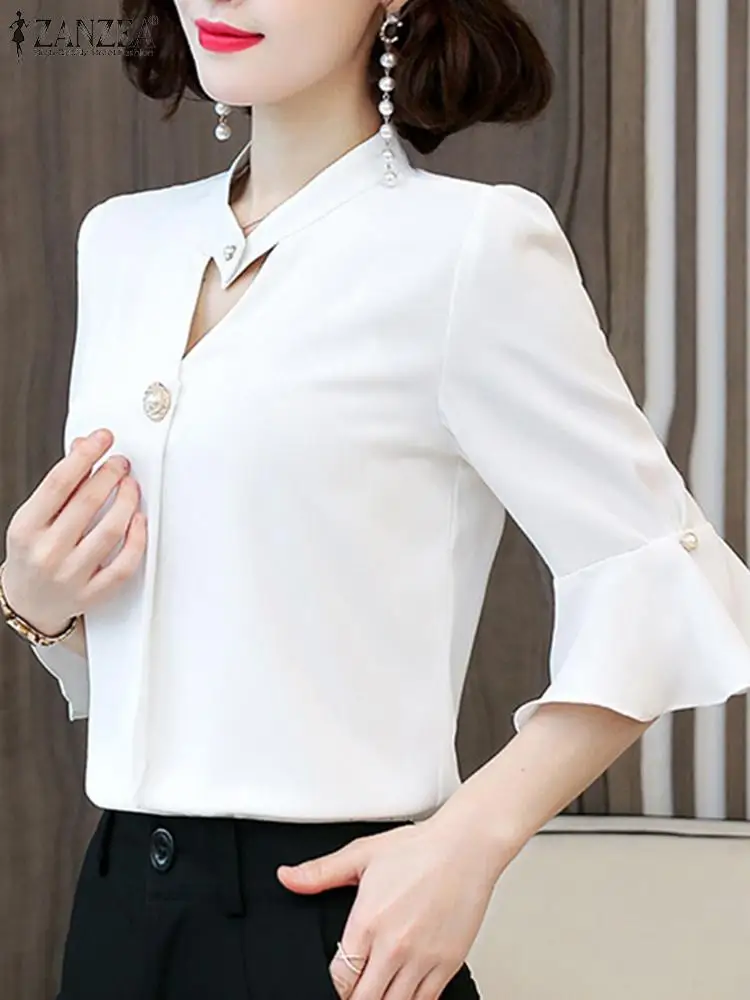 

2024 ZANZEA Summer Blouse Women Elegant OL Work Shirt Fashion Short Sleeve Stand Collar Blusas Party Holiday Tunic Tops Chemsie