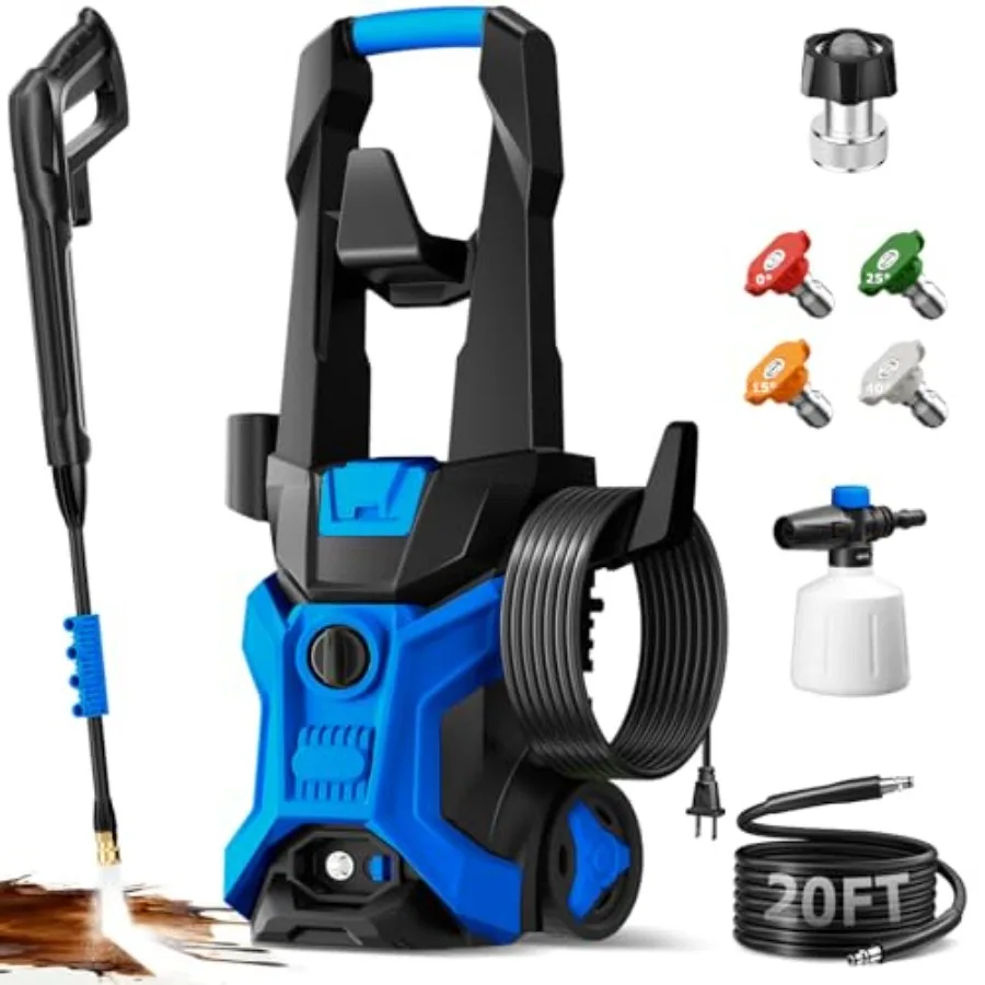 

Power washers for Home 4 Quick-Connect Nozzles Adjustable Soap Tank Washers for Cars Driveways Patios Fences Home Cleaning Blue