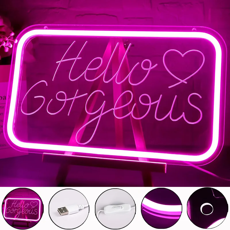 مرحبا رائع النيون لتزيين الحائط مرحبا جميلة LED تضيء تسجيل للفتيات غرفة القلب أضواء ديكور علامات النيون الوردي #1