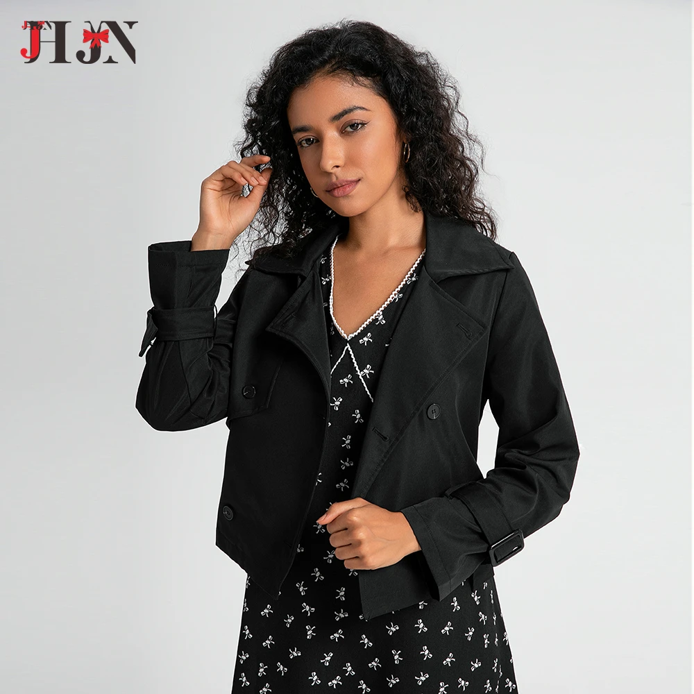 JHJN Women Trenchcoat Minimalist Lace-Up Coats With Pocket Double Breasted Windbreaker Turn-Down Collar Overcoat Elegant Jacket