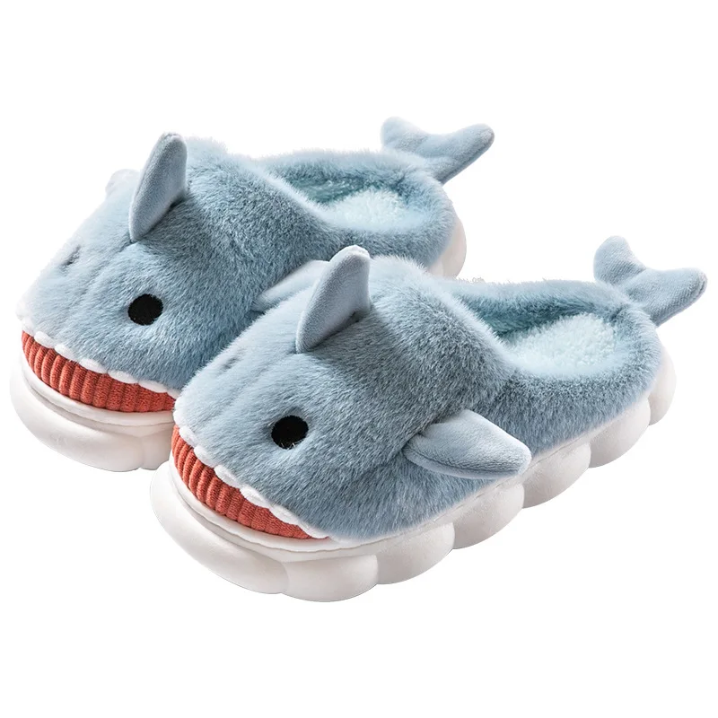 2023 New Shark Cotton Slippers Men's and Women's Cartoon Animal Home Shoes Winter Padded Warm Thickened Flat Slippers Warm Shoes