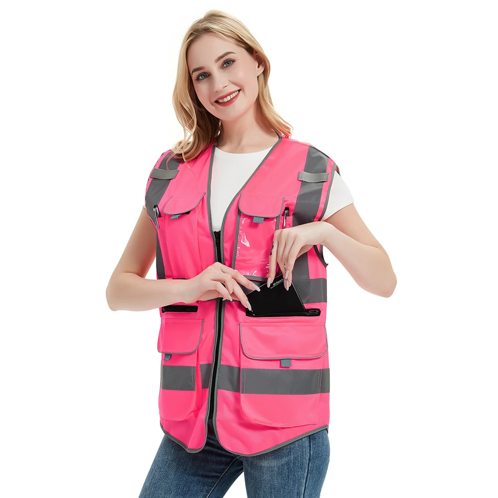 Men  Women Pink Safety Vest Women High Visibility Work Clothes Uniforms With Pockets Workwear