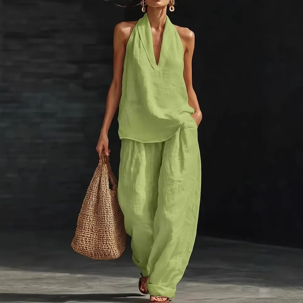 

Ретро-комплект из двух предметов: модный топ без рукавов с V-образным вырезом и бретельками через шею, брюки с высокой талией и широкими штанинами, женский комплект из двух предметов.