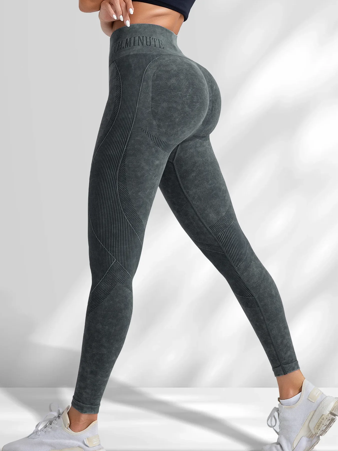 Damen High-Waist Nahtlose Yoga-Hose mit Buchstabenmuster, Sandgewaschen, Po-Lifting, Eng anliegende Taille, für Sport und Outdoor, Modische Leggings – Detail 38