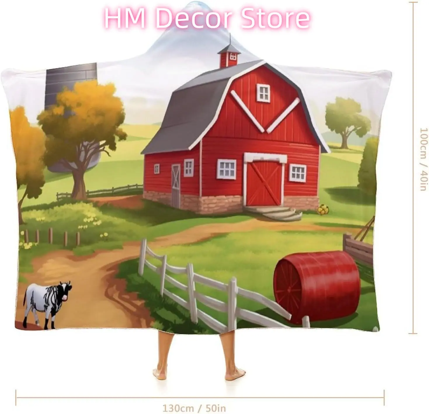 Cartoon Red Farm Wearable Hooded Blanket, Ultra Soft Arctic Velvet Cape Cloak Unisex - Cozy Wearable Blanket