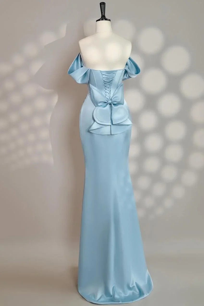 فساتين حفلات نسائية من CUYUN باللون الأزرق السماوي حورية البحر من الساتان مناسبة رسمية مكشوفة الكتف فستان طويل مطوي مخصص للحفلات الراقصة مع فيونكة