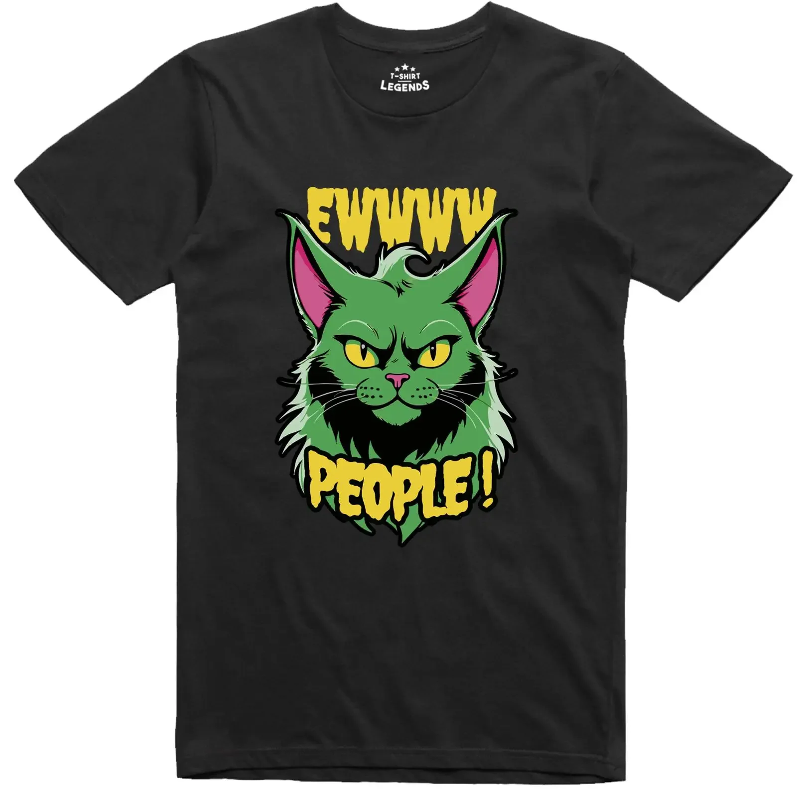 May include Black t shirt with a green cat pink ears and yellow eyes The is saying Ewwww People vintage Washed streetwear
