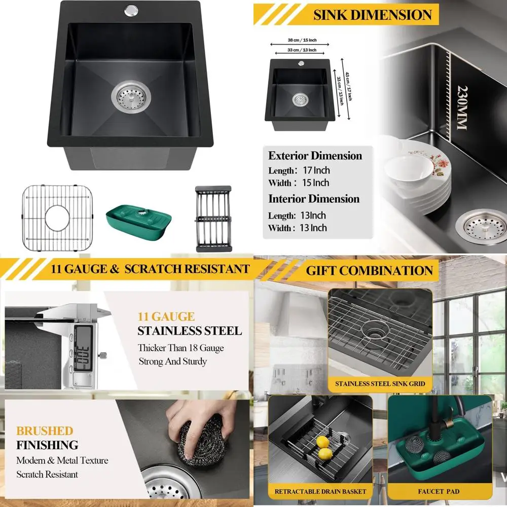 

15x17 Inch Stainless Steel Single Bowl Kitchen Sink with Drain Basket and Strainer Set for Topmount Installation