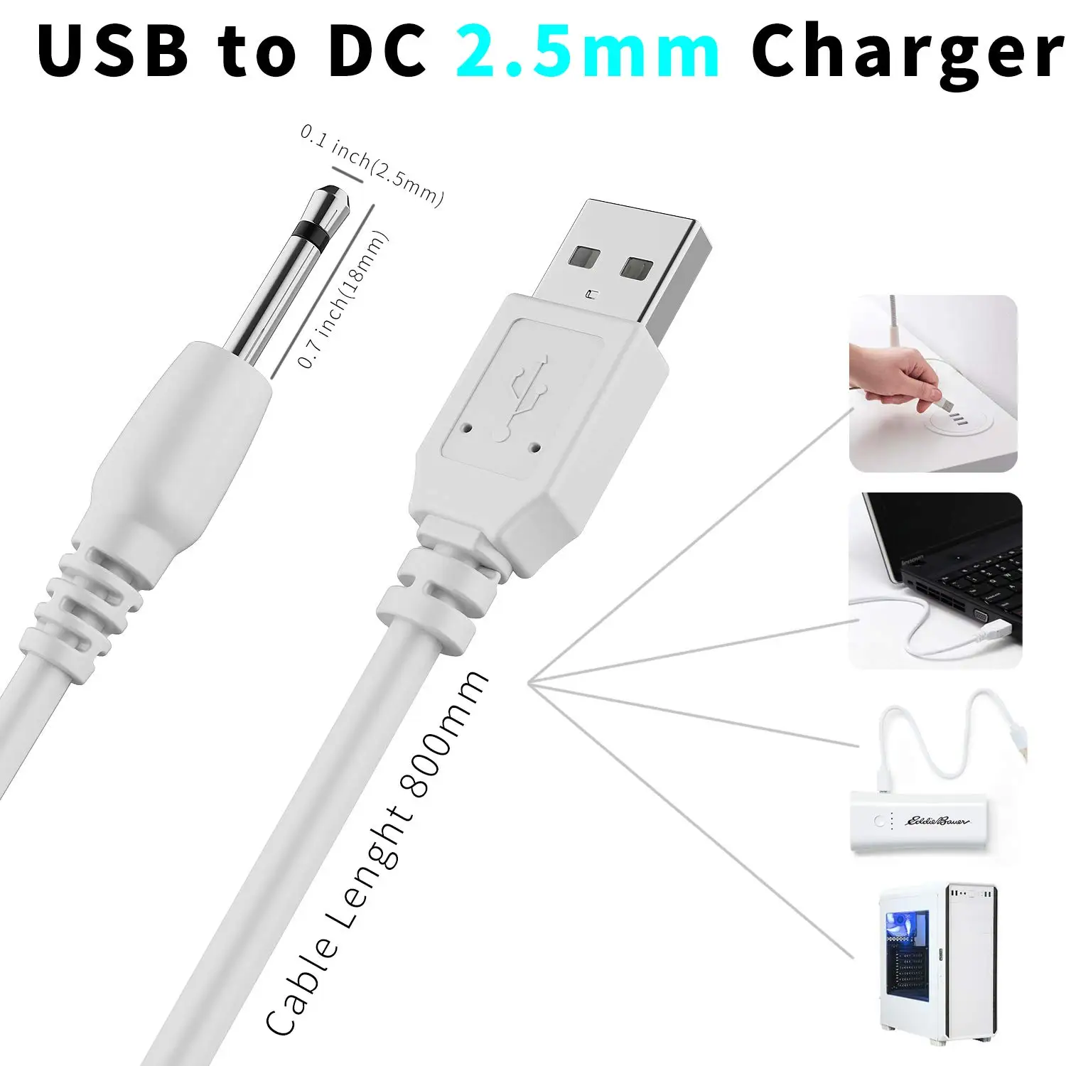 2 حزمة استبدال تيار مستمر كابل شحن 2.5 مللي متر USB سلك محول كابل شحن سريع لمعظم العصا مدلك