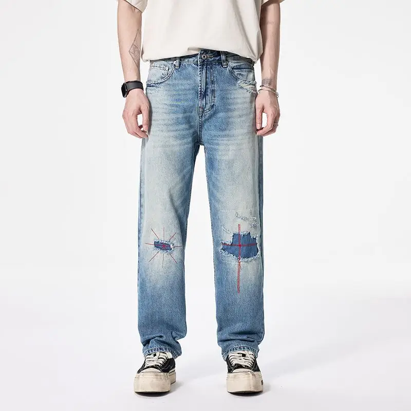 

European and American autumn new jeans men's loose straight leg high street ripped patch jeans for men clothing