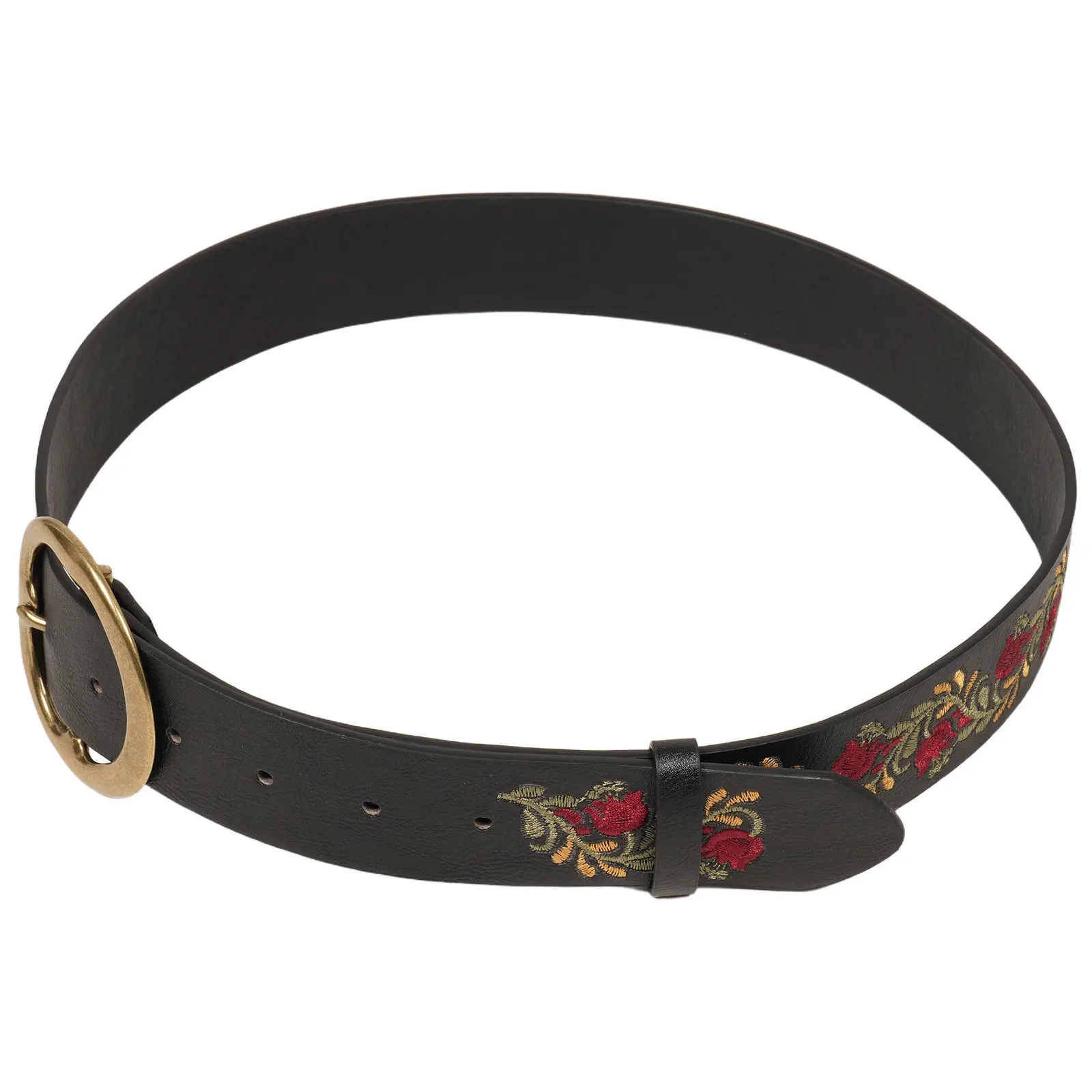 Adjustable Floral Embroidered Wide Waist Belt PU Boho Buckle for Dresses Jeans Skirts Vintage Country Fashion