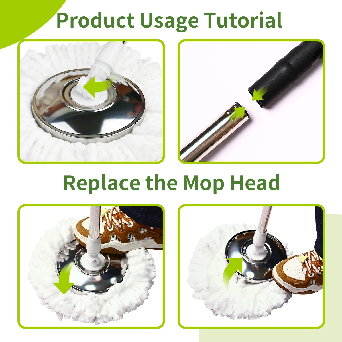 مجموعة دلو الممسحة 360 °   نظام ممسحة دوارة مزدوج الحركة، 3 رؤوس ممسحة خيوط مقسمة، دلو للتنظيف الذاتي