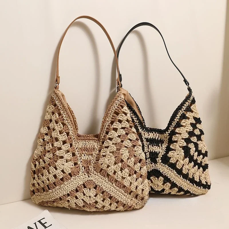 Tote Handbag Straw Bag Openwork Flower Large Triangle Color Blocking Knitted Bag Beach Vacation Bag, Shoulder Bag