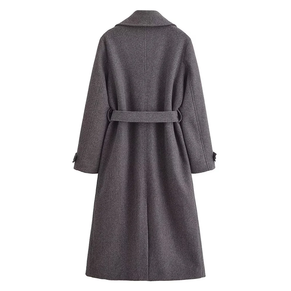 Elegante colore grigio grande colletto rovesciato doppio petto maniche lunghe cintura tascabile design donna cappotto lungo classico allentato ZATAF nuovo