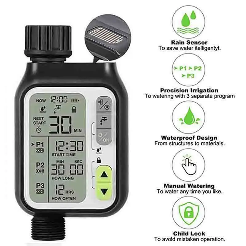 B17C Automatic IRRIG System Garden Water Timer with Rain Sensor 3 Timing Programs Waterproof Irrigation Controller US Type