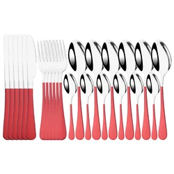 Red Silver Mirror Cutlery Set 24Pcs Dinnerware Set Flatware Cutlery Fork Knife Spoon Stainless Steel Silverware Tableware Set