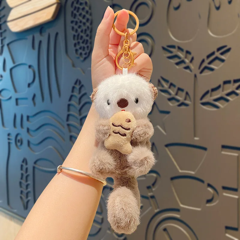 Cute Cartoon Plush Khaki Sea Otter Animal Key Chain Pendant Creative Gray Sea Otter Holding Small Fish Doll Keychain Bag Hanging