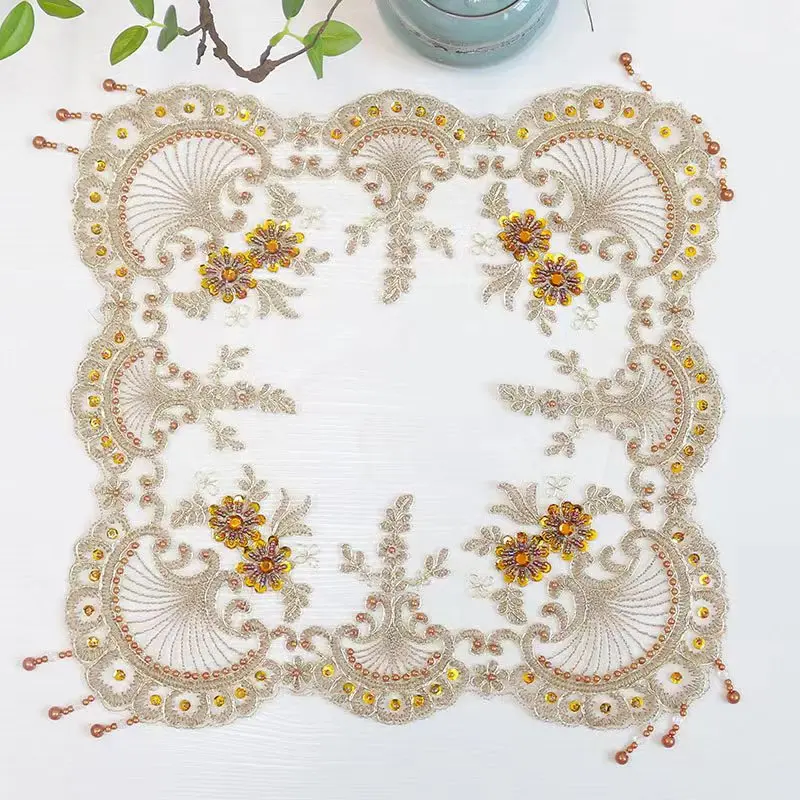 Luxury brown beads flowers Embroidery table cloth cover wedding tablecloth kitchen Christmas Table decoration and accessories