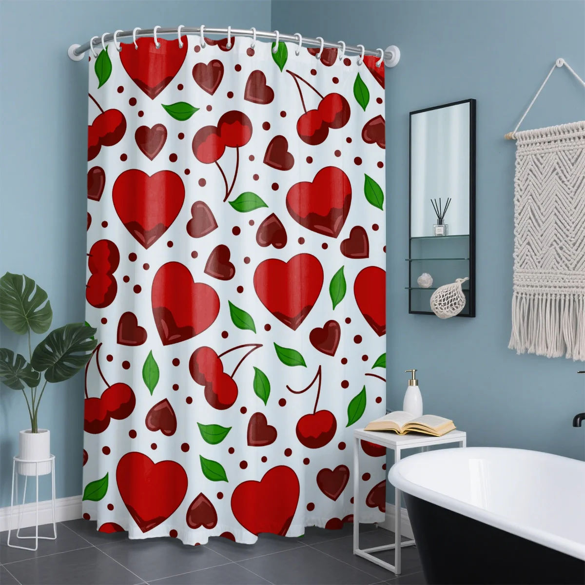 

red heart and cherry shower curtain with playful pattern and green leaves for romantic bathroom decor Free Hooks Included