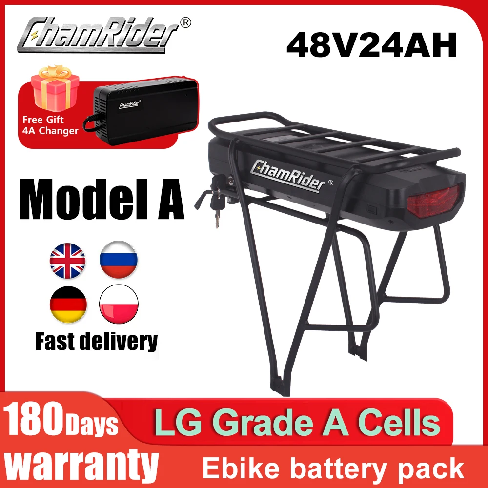 Modello A Batteria Ebike ChamRider 48V Batteria per portapacchi posteriore 21700 celle 24AH 50A Batteria al litio BMS Capacità potente