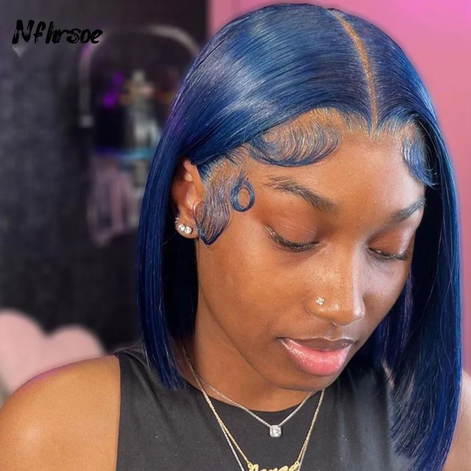 

Brazilian Colored Human Hair Wig Cosplay Dark Blue Straight Bob Transparent 13x4 HD Lace Frontal Wigs For Women Pre Plucked